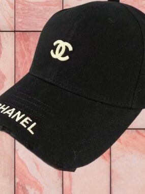 CHANEL Black Baseball Cap with White Embroidered Logo